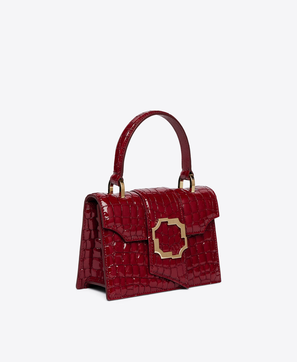 Women's Burgundy Embossed Patent Top Handle Bag with Crest Buckle | Malone Souliers